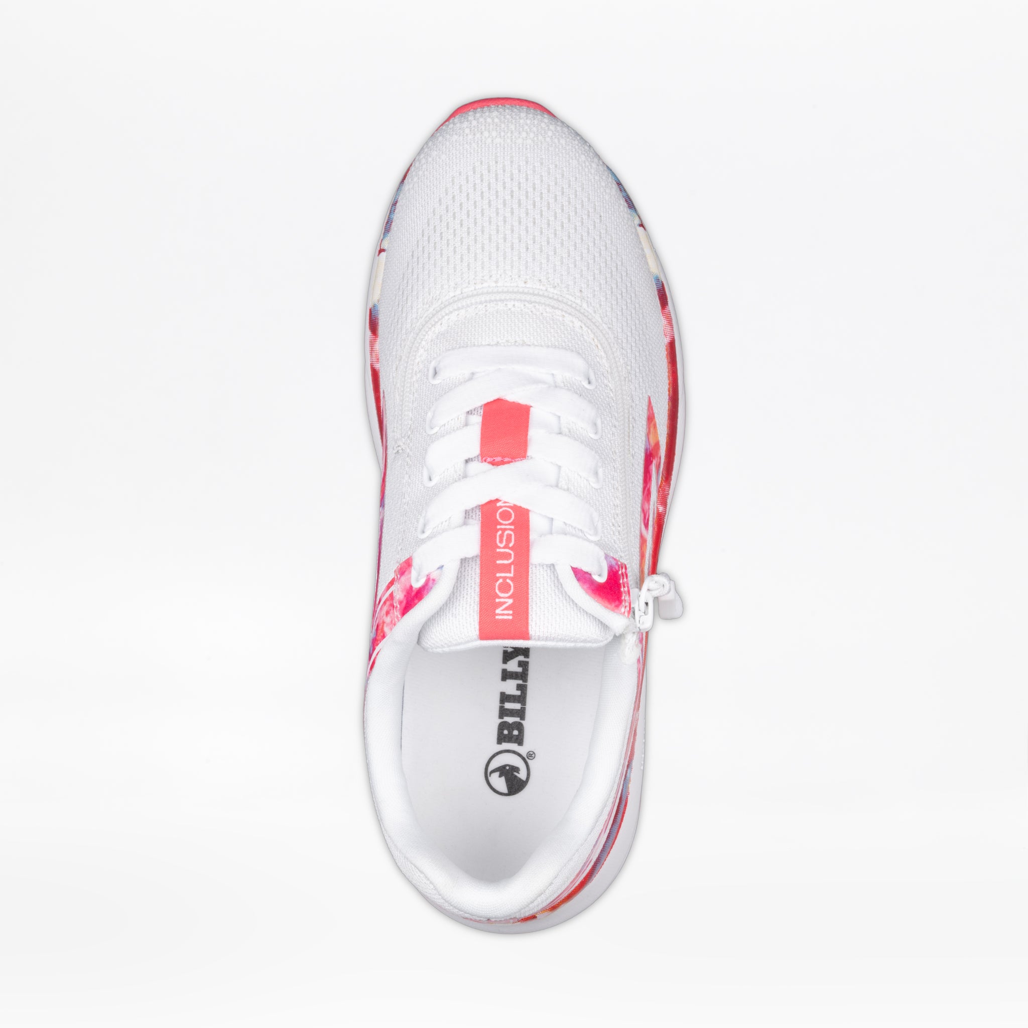 Top view of SALE - Women's Pink Marble BILLY Sport Inclusion sneakers by BILLY Footwear, showing a mesh upper, side zipper, red accents, and "INCLUSION" on the tongue with a gray BILLY logo on the insole for accessible style.
