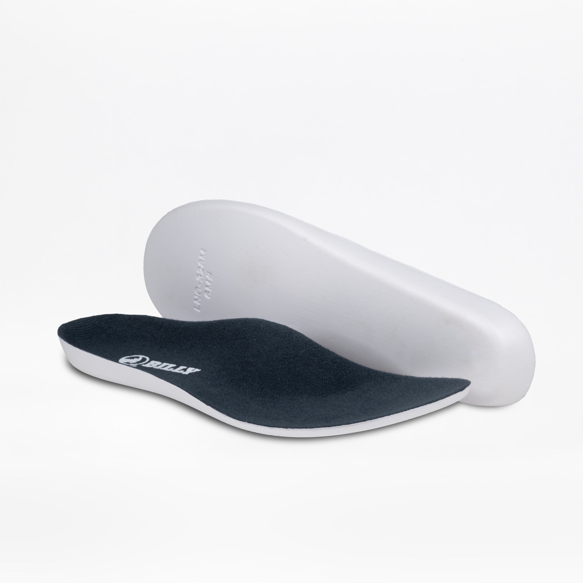 A pair of navy and purple shoe insoles for BILLY Footwear Women's Navy/Purple Inclusion Trail Boot is shown on a white background—one facing up to show the top, the other on its side revealing the white bottom.
