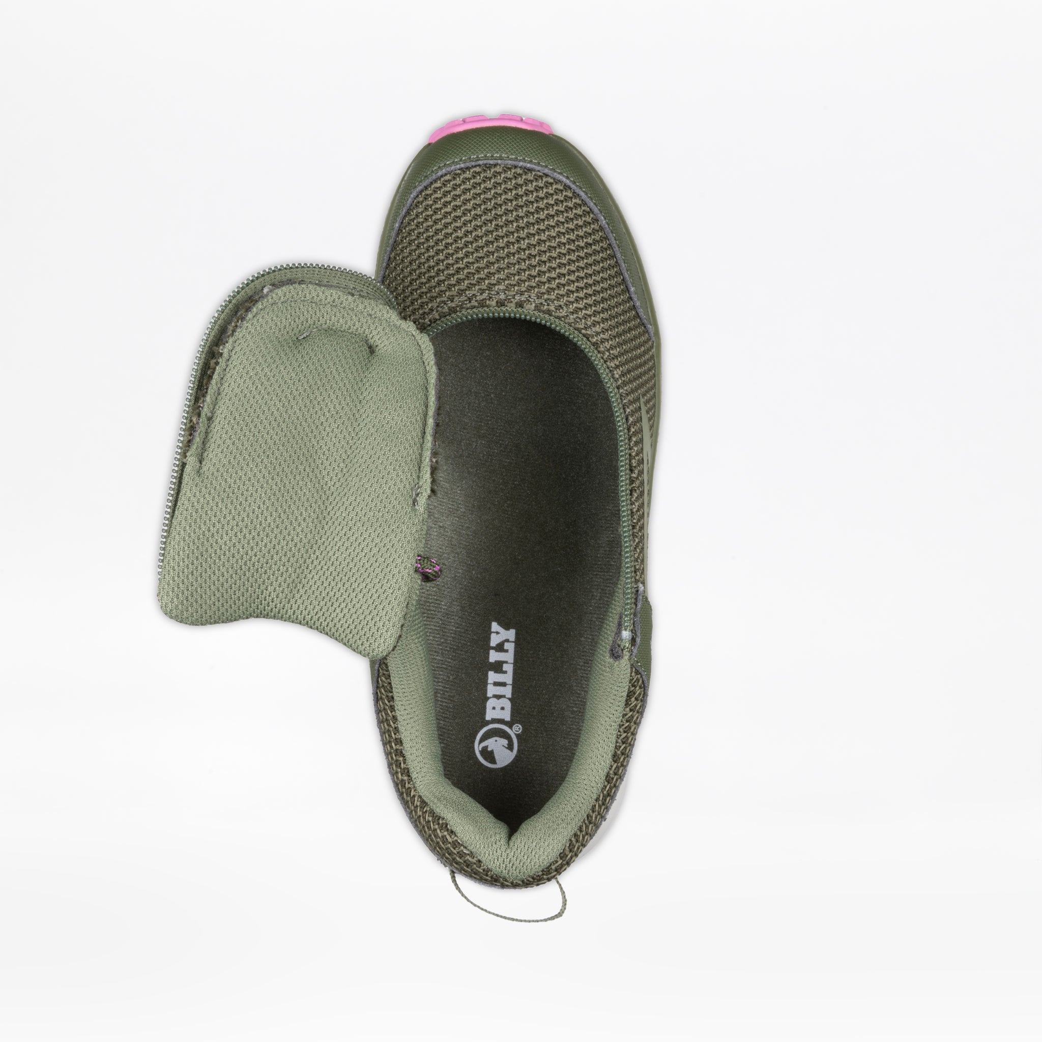 Top view of the Women's Olive/Pink BILLY Inclusion Trail by BILLY Footwear, featuring breathable mesh and a side zipper pocket that's partially open to reveal its compartment. "BILLY" is printed on the insole—hiking-inspired style with convenience.