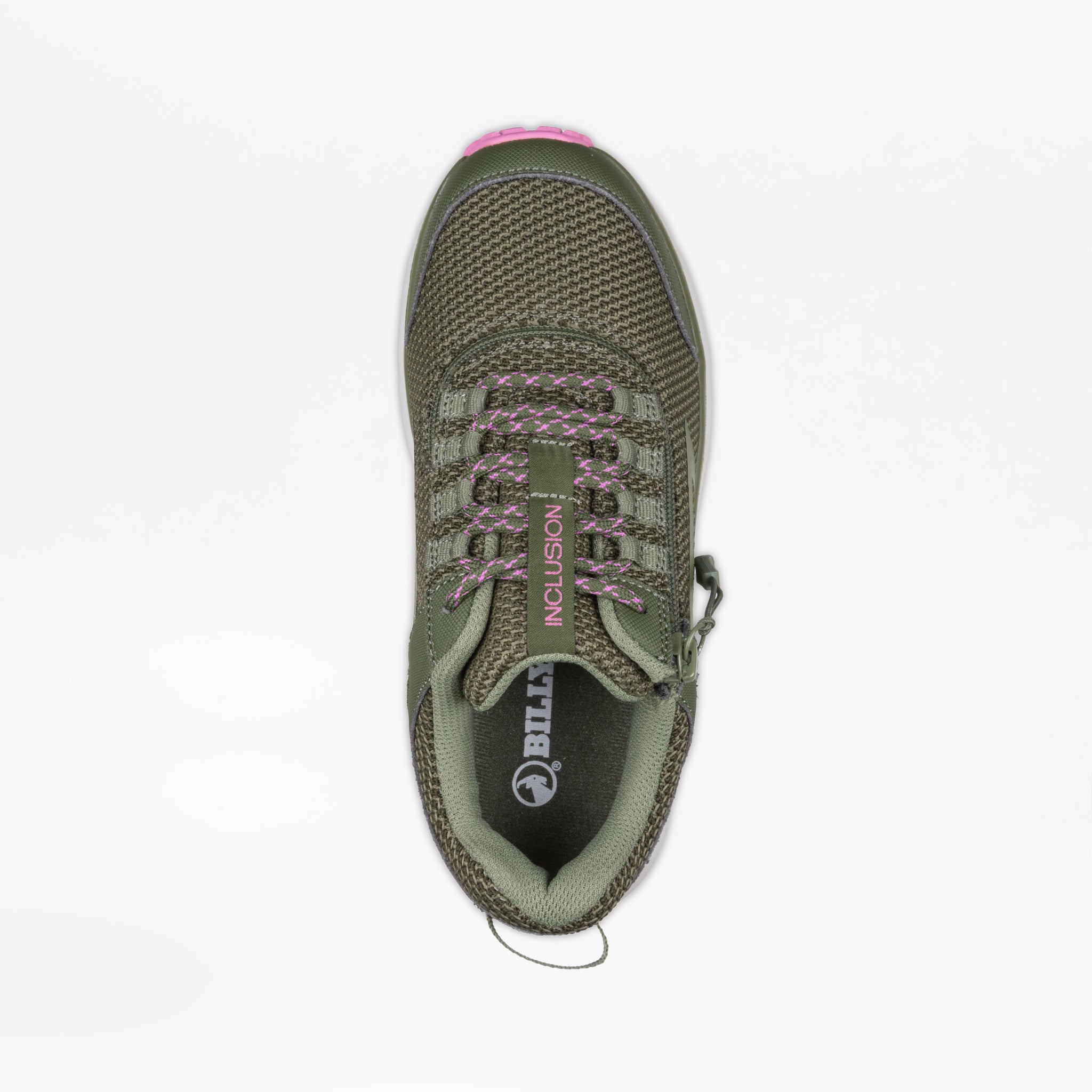 Top view of the Women's Olive/Pink BILLY Inclusion Trail shoe by BILLY Footwear with pink laces, "INCLUSION" on the tongue, and an easy on/off zipper, shown against a white background.