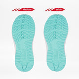 Two aqua shoe soles from the Women's Purple/Mint BILLY Inclusion Trail by BILLY Footwear are shown side by side on a white background, labeled Medium and Wide to highlight the width difference inspired by hiking style.