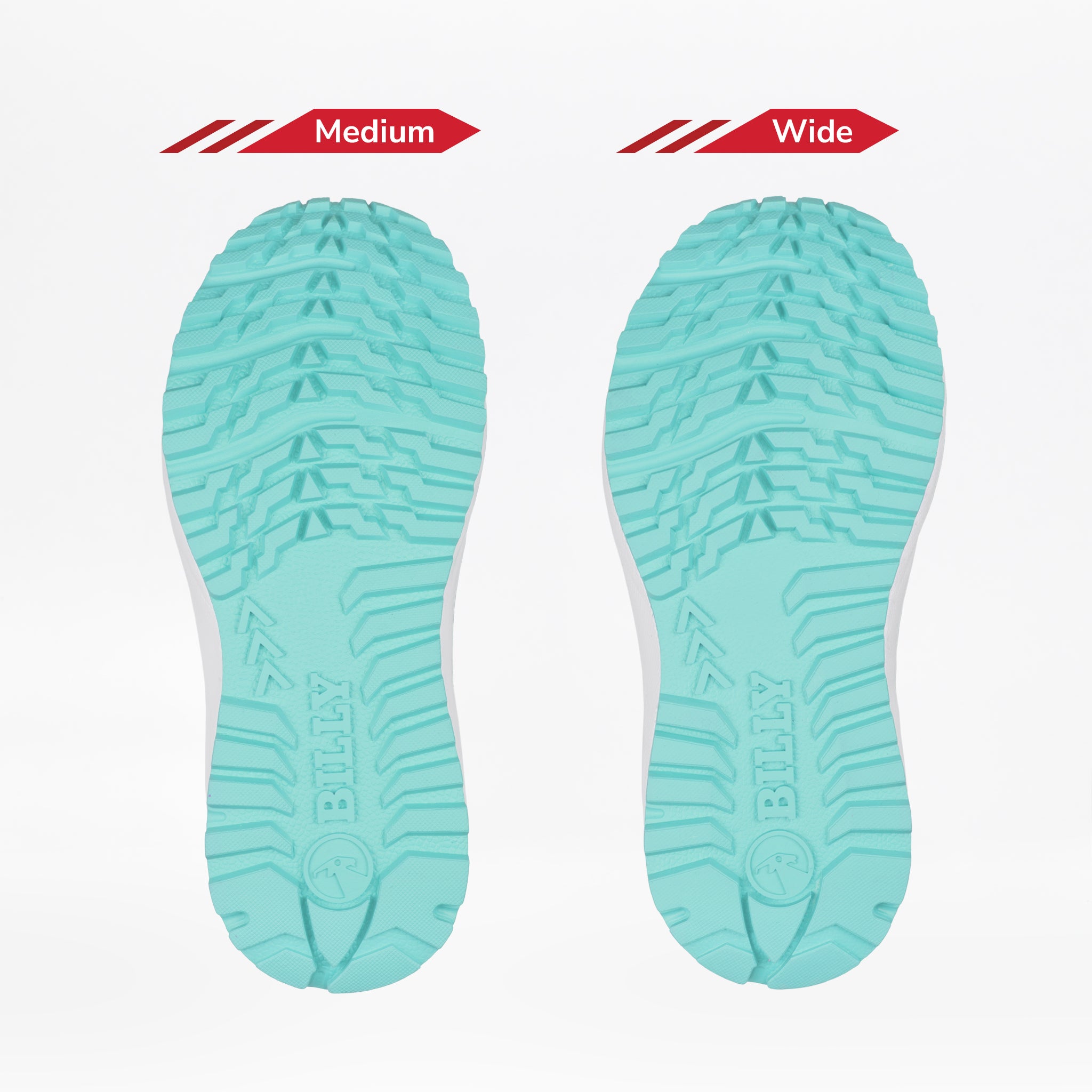 Two aqua shoe soles from the Women's Purple/Mint BILLY Inclusion Trail by BILLY Footwear are shown side by side on a white background, labeled Medium and Wide to highlight the width difference inspired by hiking style.