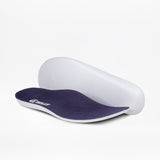A pair of women's BILLY Footwear Inclusion Trail insoles in purple and mint, with one lying flat showing the logo and the other propped to display the underside, both on a plain white background—ideal for hiking-inspired sneakers.