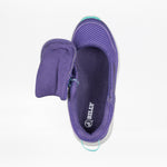 Top view of a Women's Purple/Mint BILLY Inclusion Trail shoe by BILLY Footwear, showing a textured, hiking-inspired sneaker with an easy-access zipper around the toe and a heel loop, revealing the open interior.