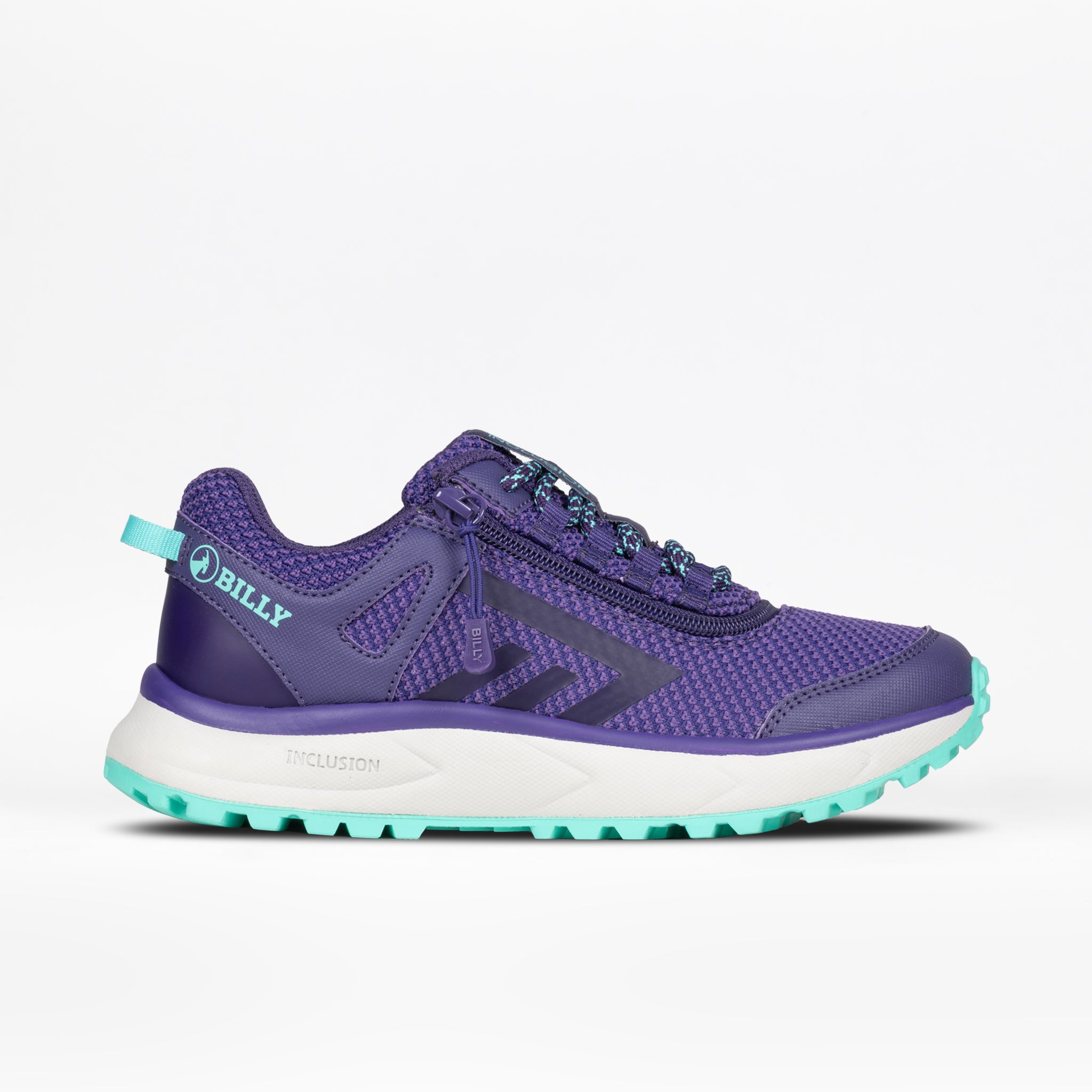 The Women's Purple/Mint BILLY Inclusion Trail shoe by BILLY Footwear features teal accents, mesh panels, an easy on-off zipper, a teal textured sole with “INCLUSION” printed on the midsole, and the BILLY brand name near the heel.