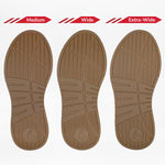 Three brown shoe soles for the Women's White/Tan/Black BILLY Comfort DZ High by BILLY Footwear are side by side—Medium, Wide, and Extra-Wide—showing width differences with similar tread patterns for versatile comfort.