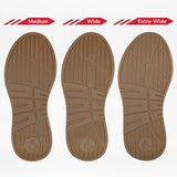 Three brown shoe soles for the Women's White/Tan/Black BILLY Comfort DZ High by BILLY Footwear are side by side—Medium, Wide, and Extra-Wide—showing width differences with similar tread patterns for versatile comfort.