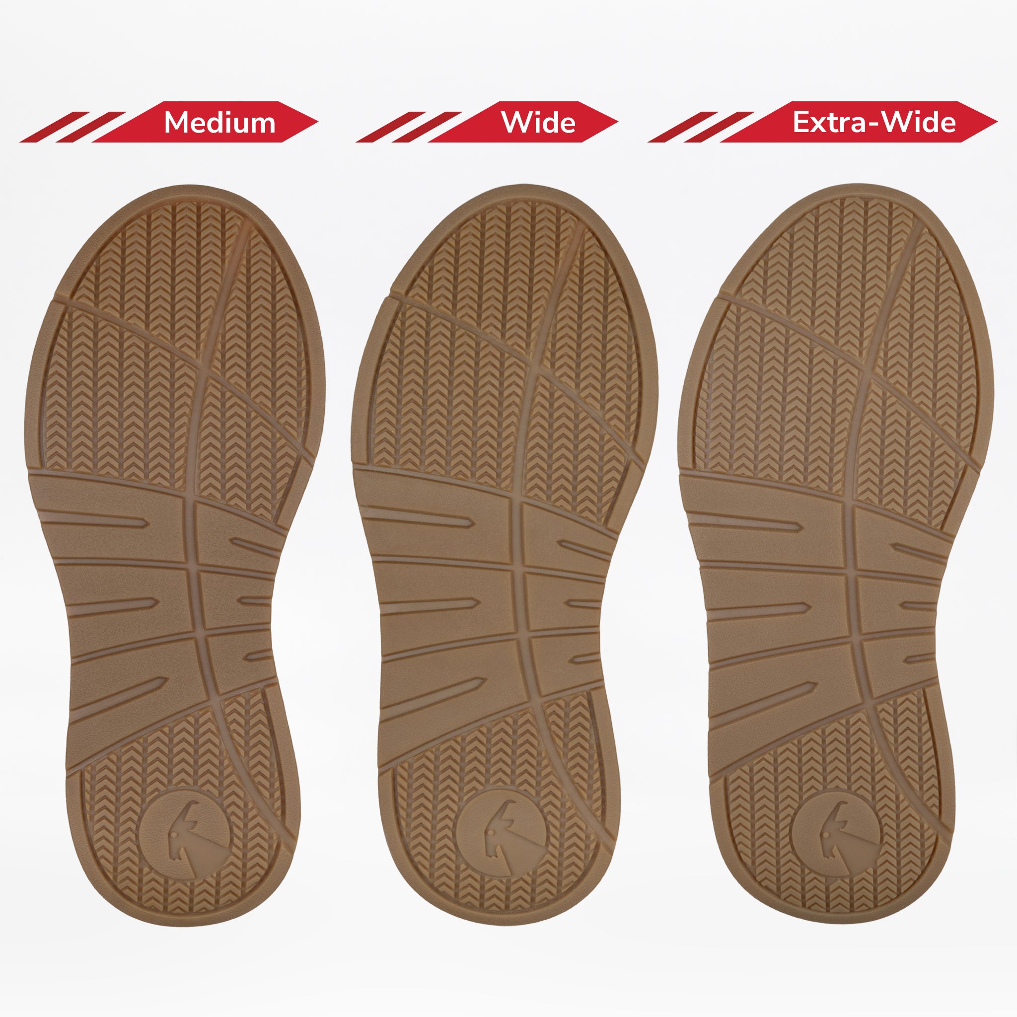 Three brown shoe soles for the Women's White/Tan/Black BILLY Comfort DZ High by BILLY Footwear are side by side—Medium, Wide, and Extra-Wide—showing width differences with similar tread patterns for versatile comfort.
