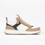 The Women's White/Tan/Black BILLY Comfort DZ High by BILLY Footwear features a white upper, beige suede trim, black accents, double side zippers, white laces, and a beige and white rubber sole—shown on a plain white background.