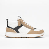 The Women's White/Tan/Black BILLY Comfort DZ High by BILLY Footwear features a white upper, beige suede trim, black accents, double side zippers, white laces, and a beige and white rubber sole—shown on a plain white background.