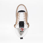 Top view of the Women's White/Tan/Black BILLY Comfort DZ High by BILLY Footwear—features a white and tan high top design, black tongue, white laces, double zippers, and red BILLY logo on the insole for comfortable walking.