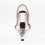 Top view of the Women's White/Tan/Black BILLY Comfort DZ High by BILLY Footwear—features a white and tan high top design, black tongue, white laces, double zippers, and red BILLY logo on the insole for comfortable walking.