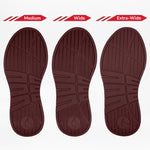 Three brown insoles in Medium, Wide, and Extra-Wide widths show similar treads, perfect for BILLY Footwear's Women's White/Wine/Black Comfort DZ High double-zipper sneakers.