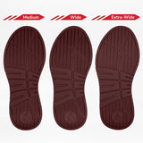 Three brown insoles in Medium, Wide, and Extra-Wide widths show similar treads, perfect for BILLY Footwear's Women's White/Wine/Black Comfort DZ High double-zipper sneakers.