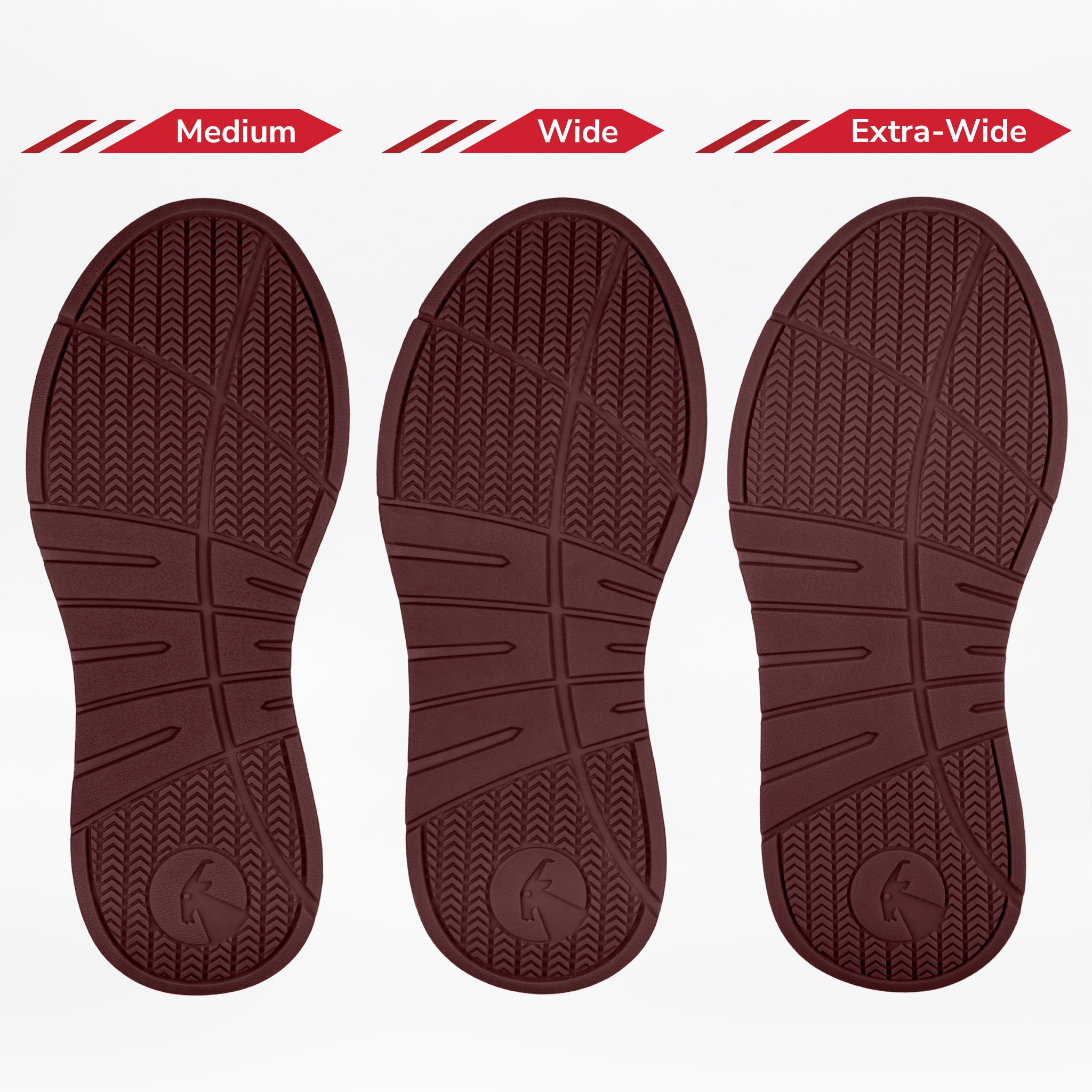 Three brown insoles in Medium, Wide, and Extra-Wide widths show similar treads, perfect for BILLY Footwear's Women's White/Wine/Black Comfort DZ High double-zipper sneakers.