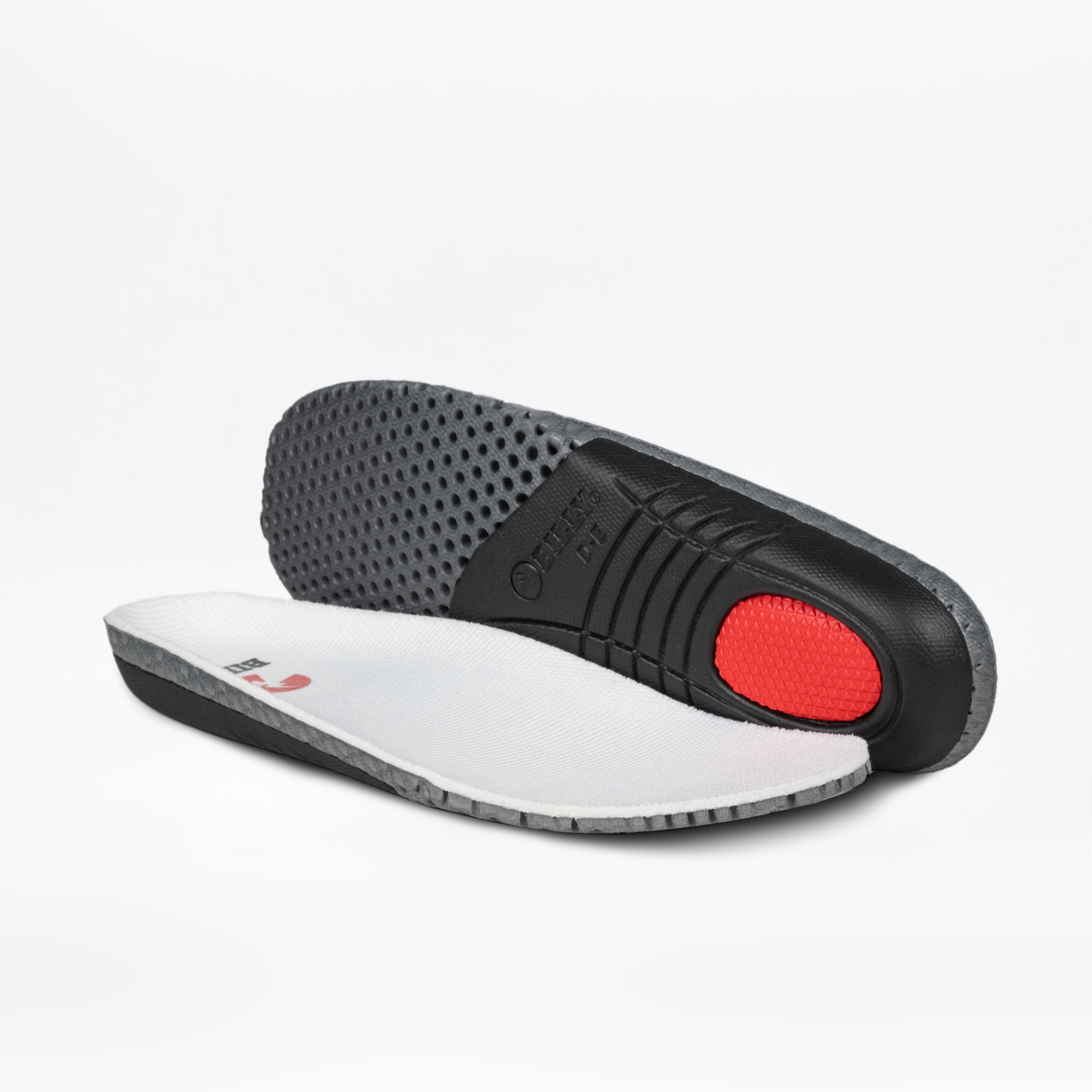 Two insoles for the Women's White/Wine/Black BILLY Comfort DZ High by BILLY Footwear are shown: one reveals the textured black and red underside, the other displays the smooth white top—ideal for enhancing comfort in your high tops.