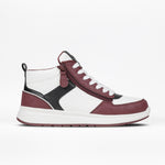 The BILLY Footwear Women's Comfort DZ High is a stylish high top sneaker in Wine, featuring white laces, double side zippers, and maroon and white accents, shown on a plain white background.