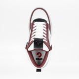 A top view of the Women's White/Wine/Black BILLY Comfort DZ High by BILLY Footwear, a high top sneaker with maroon and black accents, double side zippers, and a circular BILLY logo on the insole. The comfortable shoe is isolated on white.