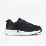 The Women's Black BILLY Limitless by BILLY Footwear features a mesh upper, laces, side zipper for easy on/off, and a white sole. Displayed on a plain white background.
