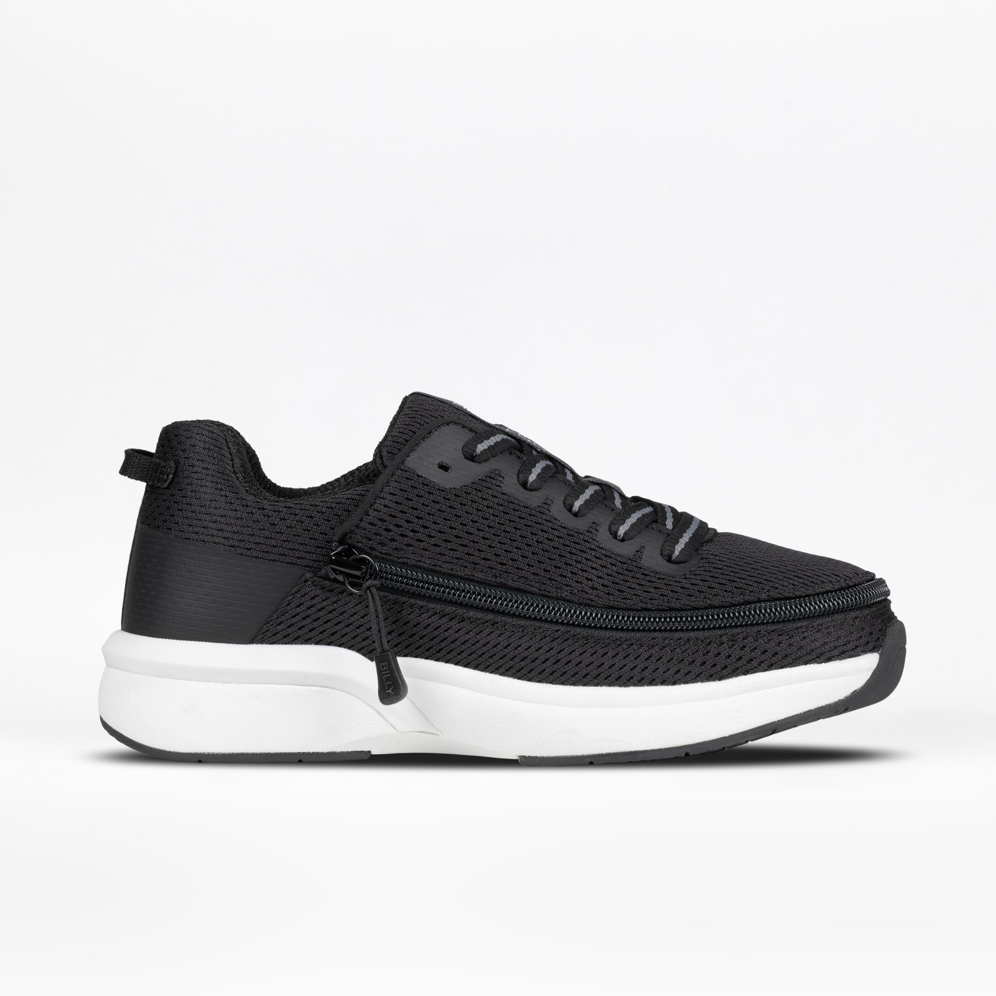 The Women's Black BILLY Limitless by BILLY Footwear features a mesh upper, laces, side zipper for easy on/off, and a white sole. Displayed on a plain white background.