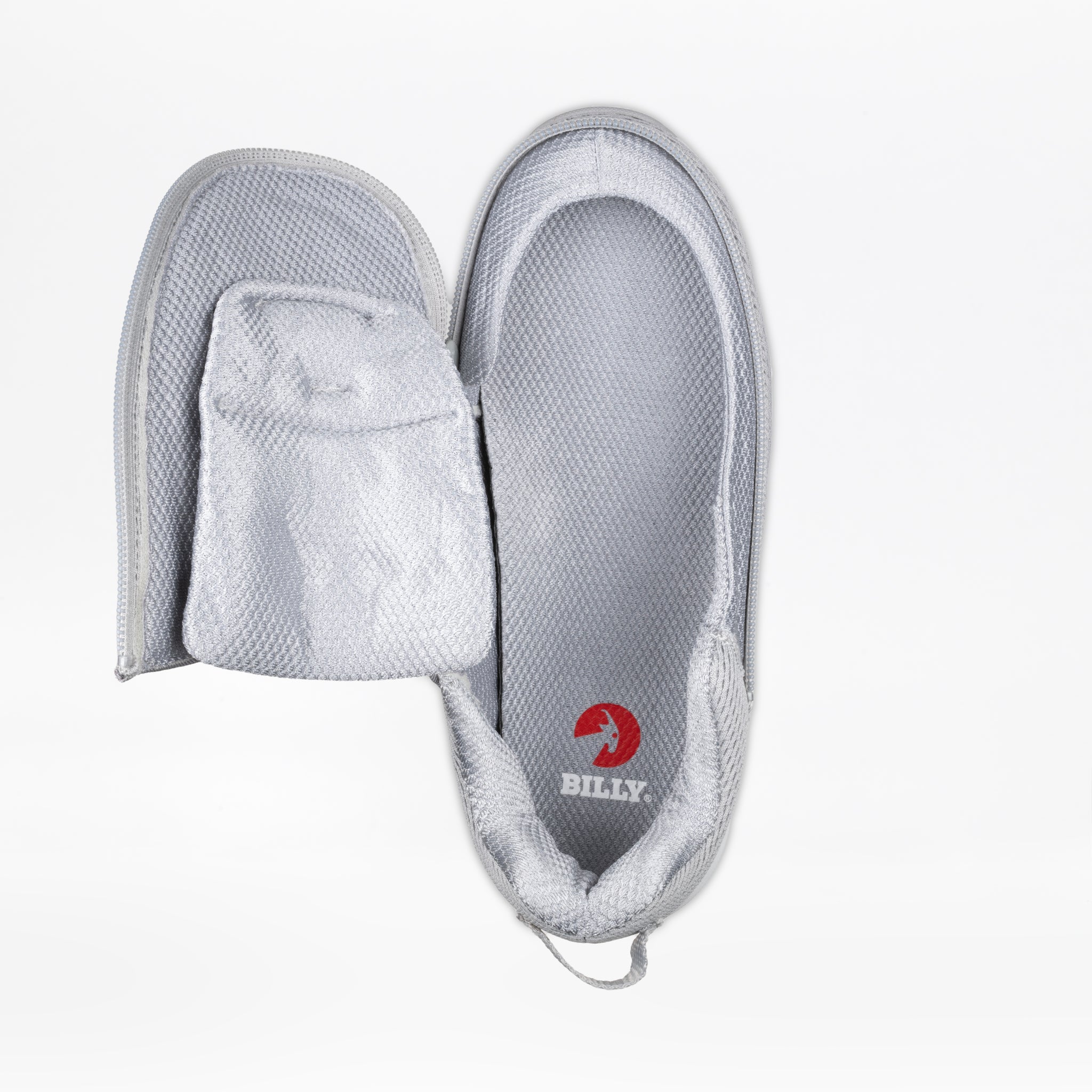 A single Women's Grey BILLY Limitless slip-on shoe by BILLY Footwear with the left side unzipped, revealing the red BILLY logo on the insole, shown against a white background.