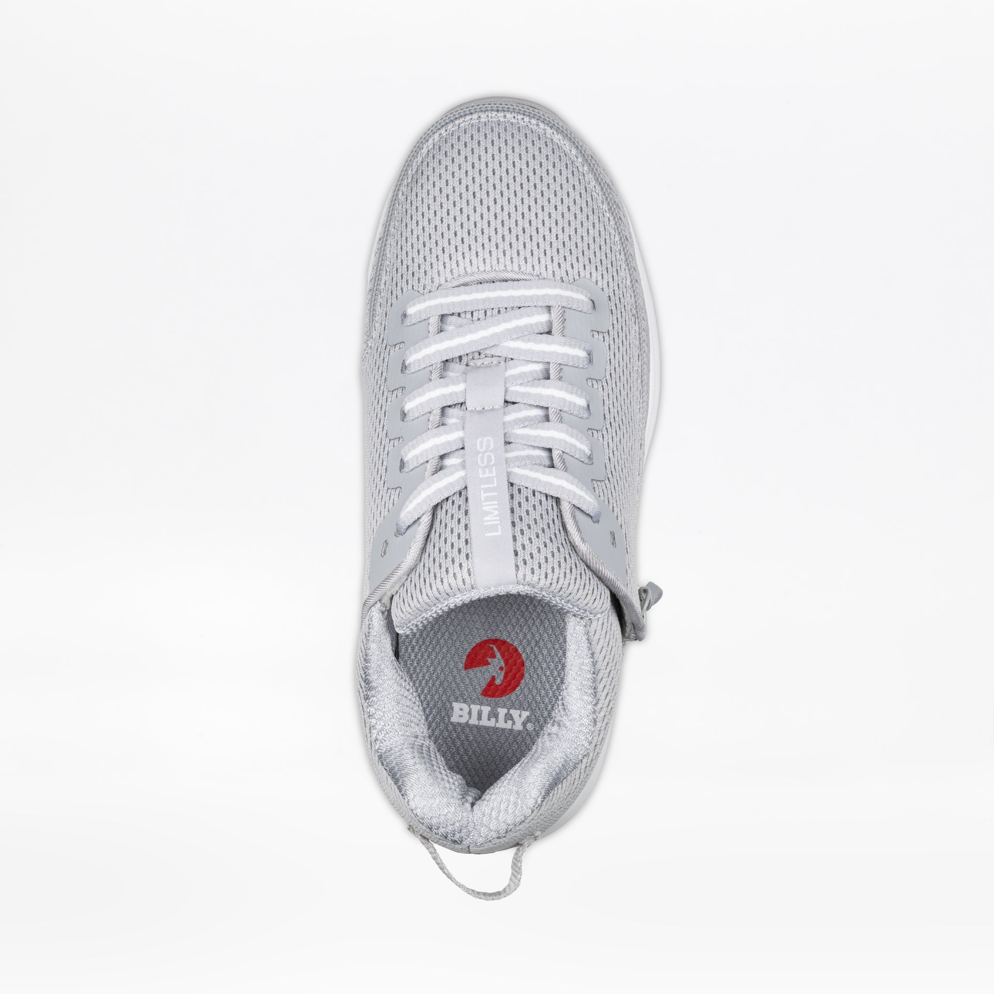 A top view of the Women's Grey BILLY Limitless by BILLY Footwear shows a light gray mesh athletic shoe with white laces, a red BILLY logo on the insole, and an outside zipper for easy on-and-off access.