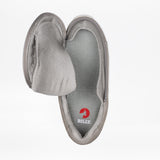 The Women's Grey Suede BILLY Comfort Plush by BILLY Footwear features a wraparound zipper opening at the toe, revealing the interior and insole with a red BILLY logo for accessible design and plush comfort.