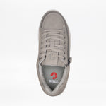 The Women's Grey Suede BILLY Comfort Plush sneaker by BILLY Footwear features laces, a wraparound zipper, and BILLY branding on the tongue and insole (grey with a red logo). Shown from above on a plain white background.