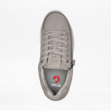 The Women's Grey Suede BILLY Comfort Plush sneaker by BILLY Footwear features laces, a wraparound zipper, and BILLY branding on the tongue and insole (grey with a red logo). Shown from above on a plain white background.
