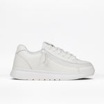 The Women's White Leather BILLY Comfort Plush by BILLY Footwear features laces, a wraparound zipper, plush comfort, a thick textured sole, and minimal stitching for a modern look. Shown in profile on a plain white background.
