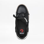 Top view of the Women’s Black Leather BILLY Comfort Luxe by BILLY Footwear, featuring a side zipper revealing the interior, red BILLY logo on the insole, black laces, and a white sole edge for modern comfort.