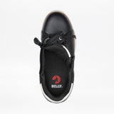 Top view of the Women’s Black Leather BILLY Comfort Luxe by BILLY Footwear, featuring a side zipper revealing the interior, red BILLY logo on the insole, black laces, and a white sole edge for modern comfort.