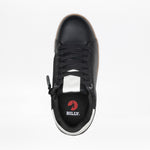 Top view of the Women's Black Leather BILLY Comfort Luxe sneaker by BILLY Footwear, featuring black laces, a side zipper, white tongue label, and insole with red and white BILLY logo—all set against a plain white background.