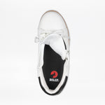 A top view of the Women's White Leather BILLY Comfort Luxe shoe by BILLY Footwear shows its tongue pulled down to reveal a black insole with a red BILLY logo, white laces, and a black heel accent.