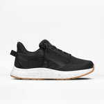 The Women's Black/White/Gum BILLY Sport Inclusion DZ1 by BILLY Footwear is a black athletic sneaker for women with double zippers, a white speckled sole, tan rubber outsole, and "BILLY" on the heel, shown against a white background.