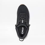 Top view of the Women's Black/White/Gum BILLY Sport Inclusion DZ1 by BILLY Footwear, a wide width sneaker with double zippers encircling the laces for easy access. The sneaker has BILLY branding on the tongue and insole, set against a plain white background.