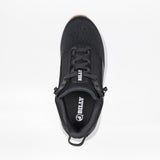 Top view of the Women's Black/White/Gum BILLY Sport Inclusion DZ1 by BILLY Footwear, a wide width sneaker with double zippers encircling the laces for easy access. The sneaker has BILLY branding on the tongue and insole, set against a plain white background.
