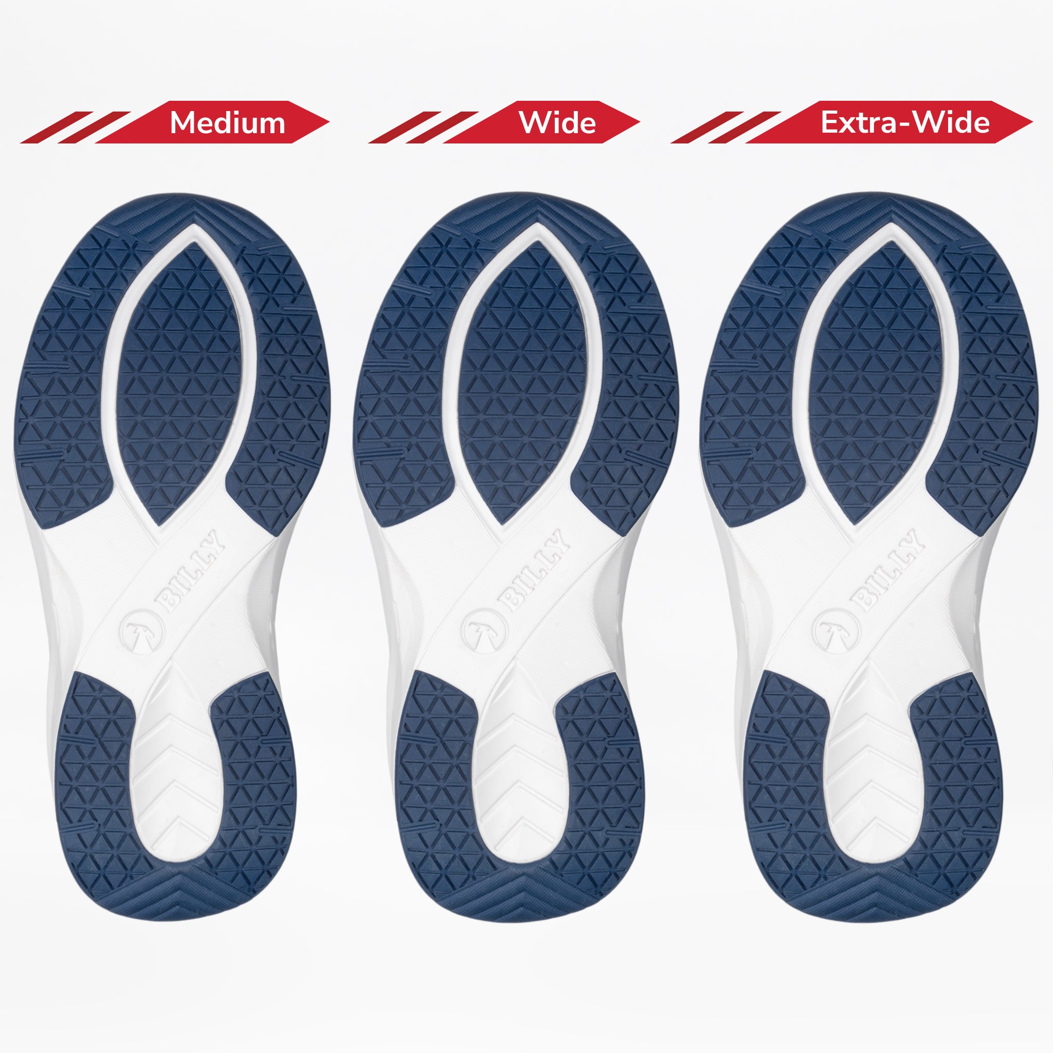 Three Women's White/Navy BILLY Limitless 253 shoe soles from BILLY Footwear are shown side by side—Medium, Wide, and Extra-Wide—highlighting increasing width and size. Each blue and white sole features a similar tread pattern.