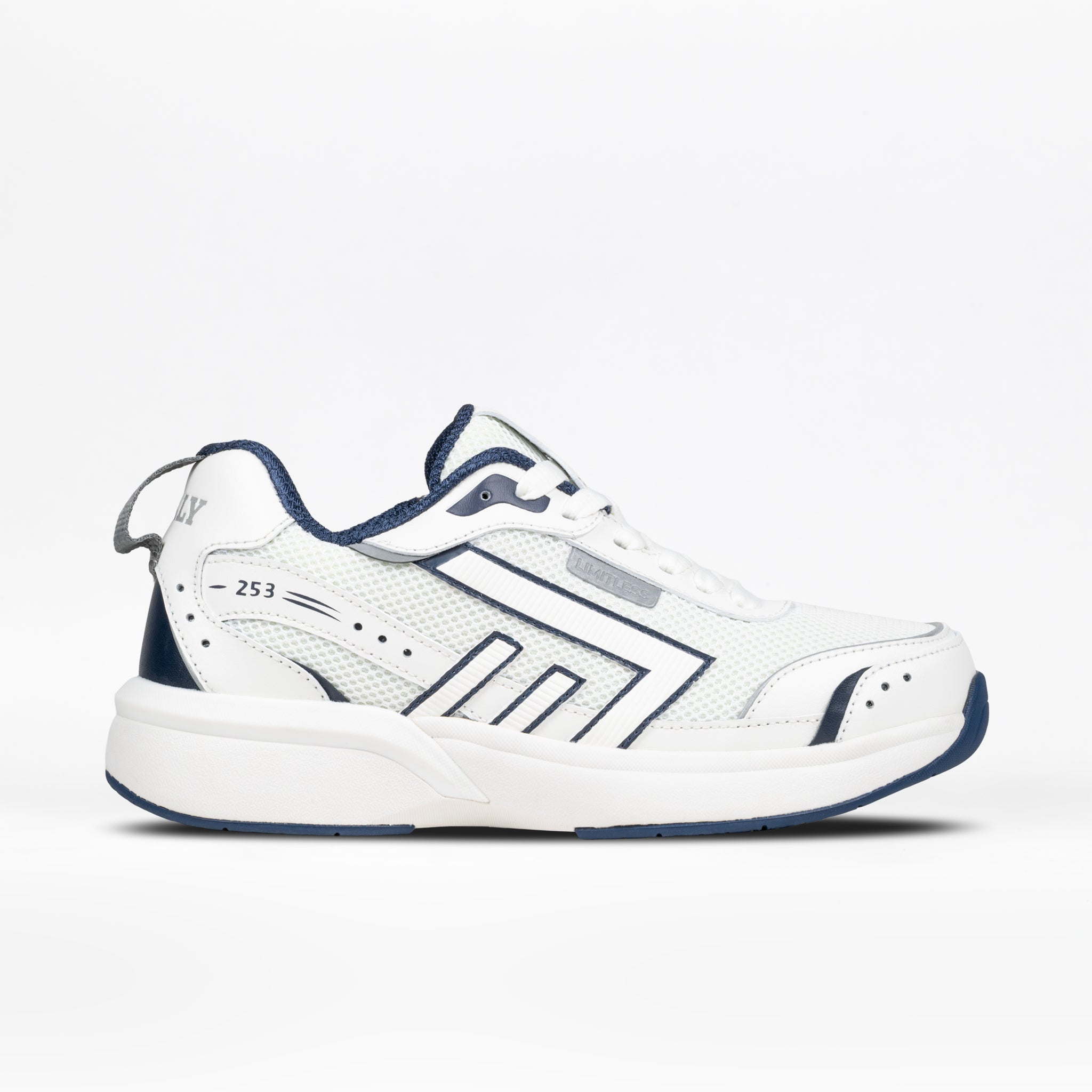 The Women's White/Navy BILLY Limitless 253 by BILLY Footwear is an athletic sneaker with navy accents, a geometric side pattern, mesh and leather panels, a chunky white sole with navy tread, and easy-on/easy-off design for convenience.