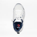 Top view of the Women's White/Navy BILLY Limitless 253 by BILLY Footwear, featuring a white exterior, blue inner lining, "BILLY" on the tongue and insole, white laces, heel loop, and a sensory-friendly easy-on/easy-off design.