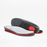 A pair of Women's Grey BILLY Comfort Knit insoles by BILLY Footwear, featuring gray tops, red accents, and black textured bottoms—one upright to show the sole, the other flat to display the top surface.