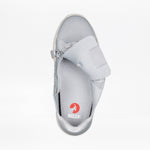 The Women's Grey BILLY Comfort Knit sneaker by BILLY Footwear is shown from above on a white background with the medial zipper open, revealing the breathable insole with a red BILLY logo.