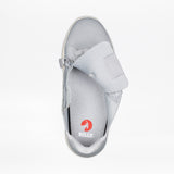 The Women's Grey BILLY Comfort Knit sneaker by BILLY Footwear is shown from above on a white background with the medial zipper open, revealing the breathable insole with a red BILLY logo.