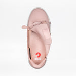The Women's Blush BILLY Comfort Knit sneaker by BILLY Footwear is shown from above, featuring a medial zipper for easy access. The breathable insole displays a red BILLY logo.