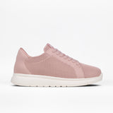 A blush Women's Comfort Knit sneaker by BILLY Footwear featuring a mesh knit upper, medial zipper, laces, and a white rubber sole is displayed on a plain white background.