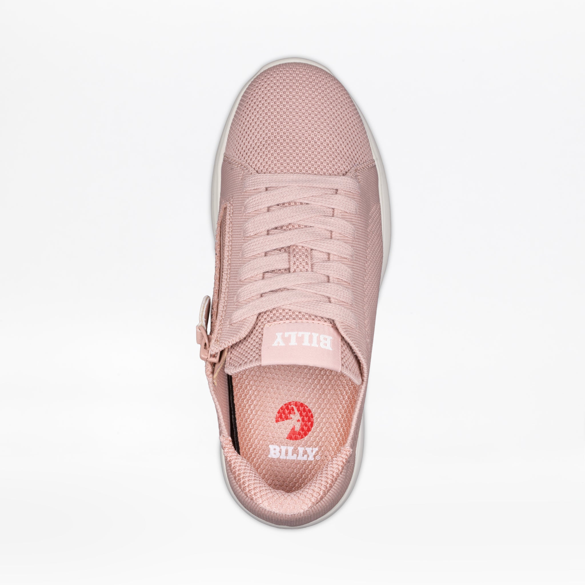 Top view of the Women's Blush BILLY Comfort Knit sneaker by BILLY Footwear, featuring laces, a medial zipper, breathable knit material, and a red insole with the BILLY logo.