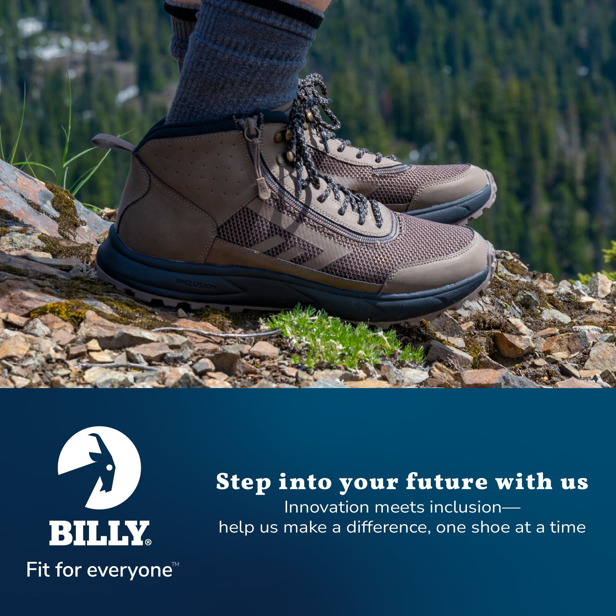 Hiking boots on a rocky mountain with BILLY brand advertisement.