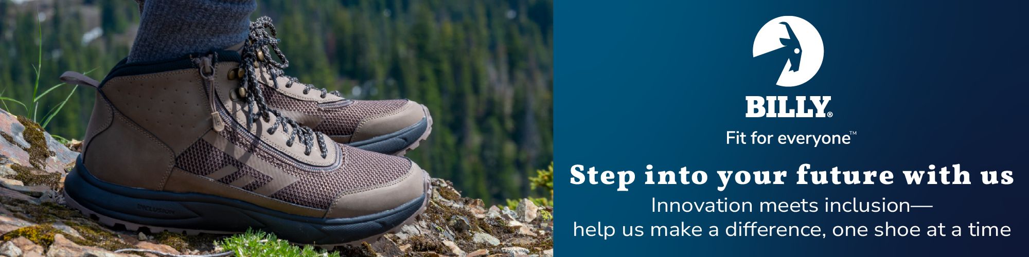 Pair of brown hiking boots on a rock with a scenic background, featuring the BILLY logo and text.