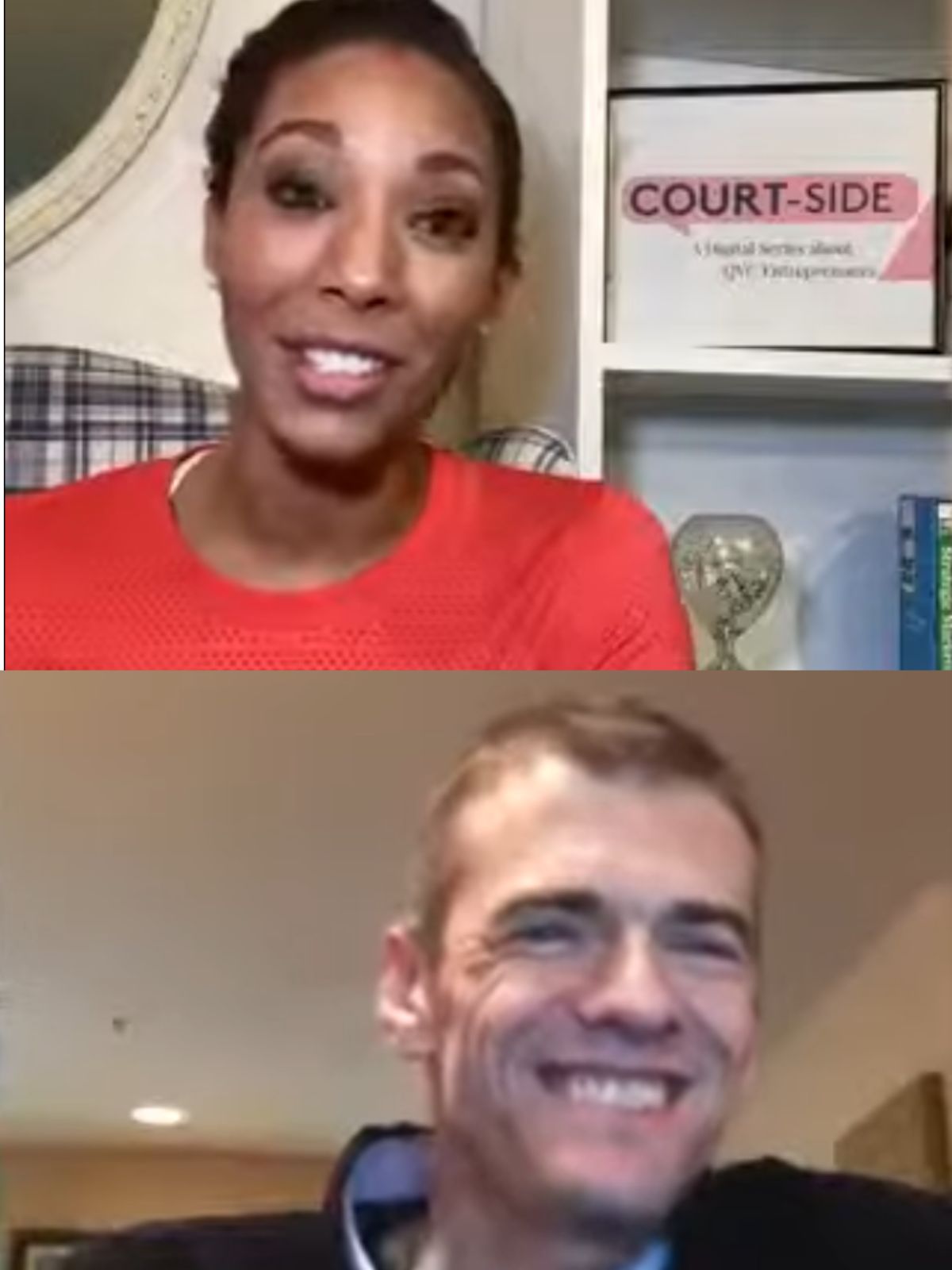Two people on a video call with a bookshelf in the background.