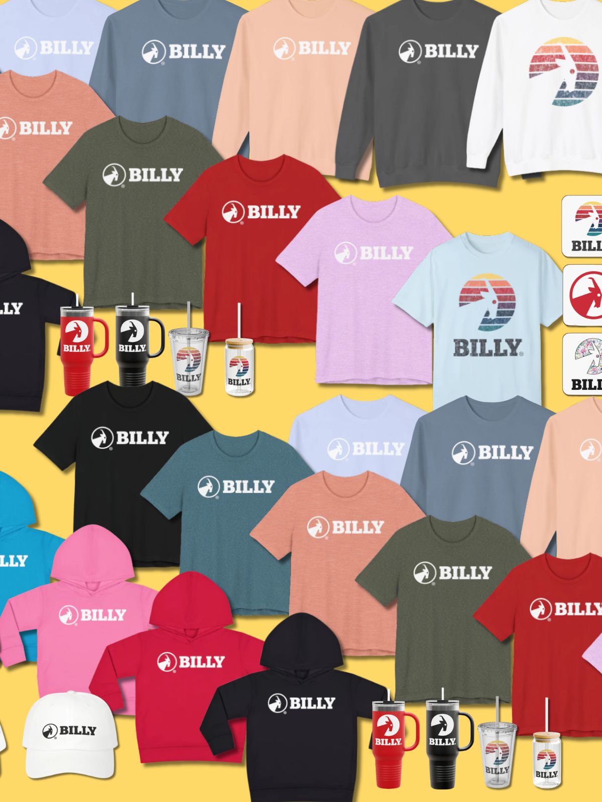 Collection of 'BILLY' branded clothing and accessories on a yellow background